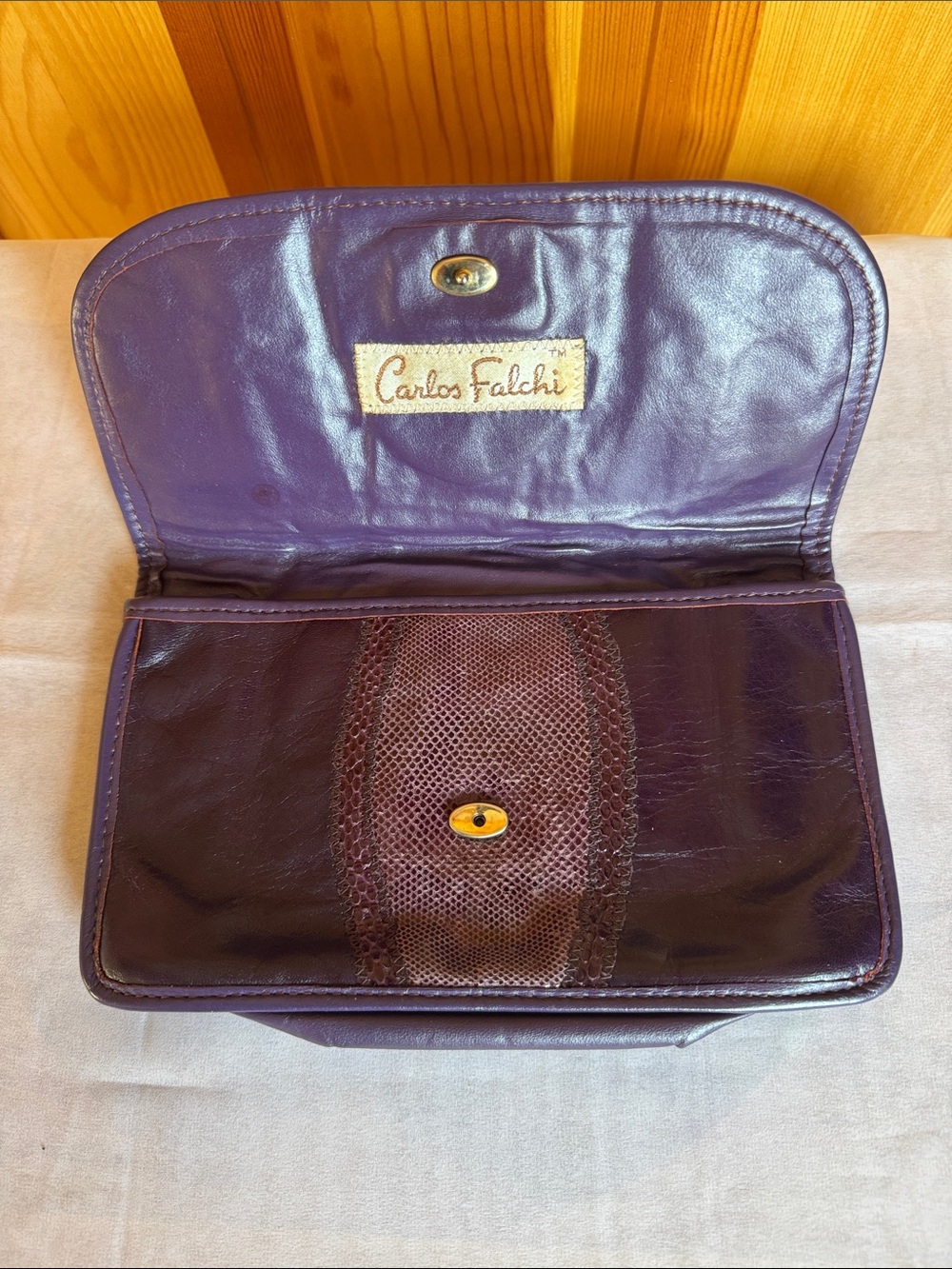 Carlos Falchi Purple Leather Clutch with Snakeskin Panel